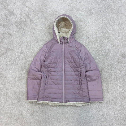 Lilac North Face quilted jacket Girls large TNF sherpa lined hooded coat y2k style zip pockets