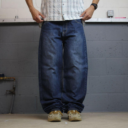 Y2K embroidered baggy jeans Live Mechanics blue denim Loose straight skater surf style jeans
