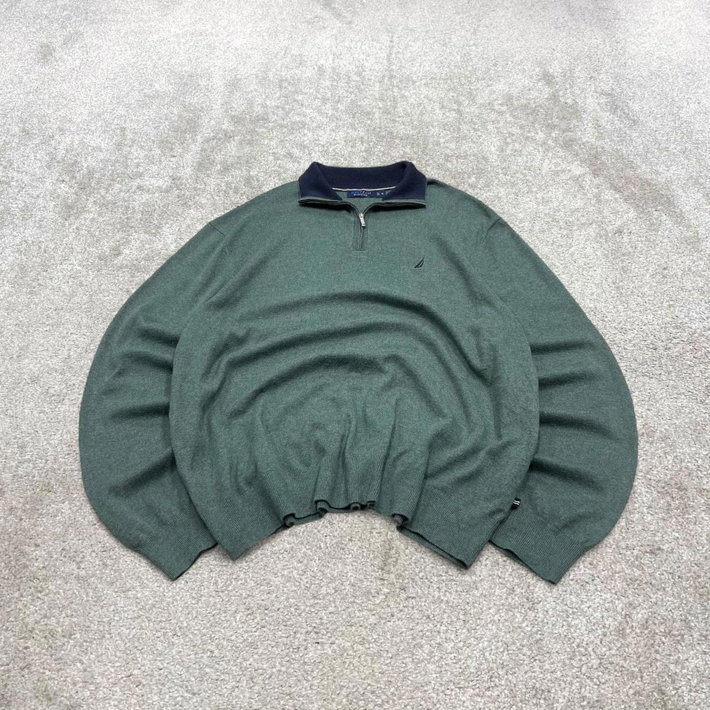00s Nautica knit sweater jumper embroidered XL men's green knitted 1/4 zip pull over y2k 90s style