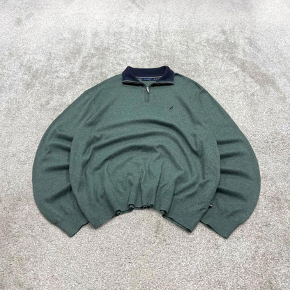 00s Nautica knit sweater jumper embroidered XL men's green knitted 1/4 zip pull over y2k 90s style