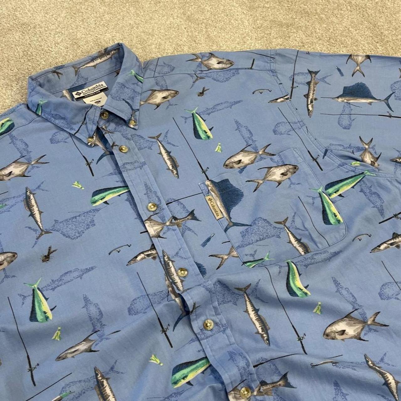 Columbia funky pattern short sleeve shirt y2k blue Festival surf style fishing design summer shirt