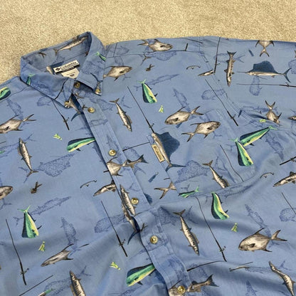 Columbia funky pattern short sleeve shirt y2k blue Festival surf style fishing design summer shirt