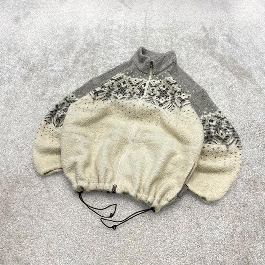 Grey beige aztec Columbia technical fleece L women's y2k style full zip up autumn adjustable waist