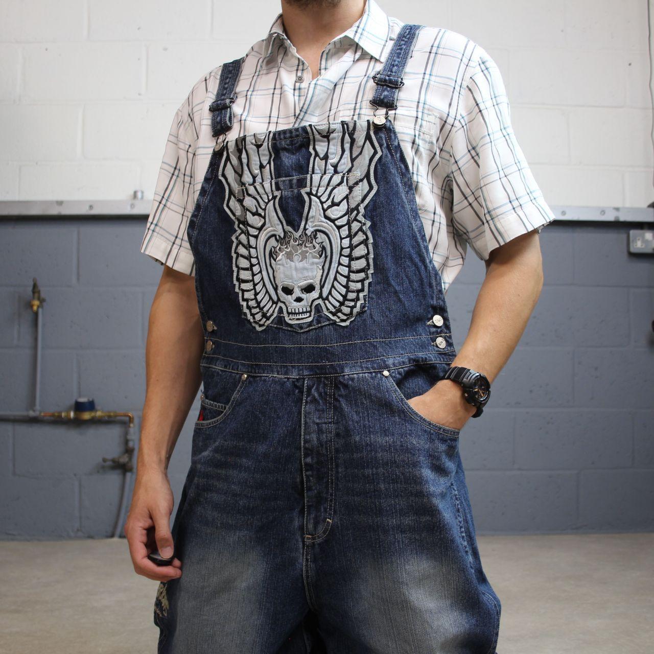 Johnny Blaze dungarees baggy y2k denim blue The Worriors embroidered bib overalls skater