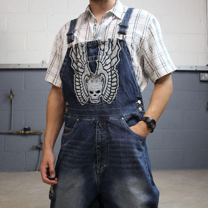 Johnny Blaze dungarees baggy y2k denim blue The Worriors embroidered bib overalls skater