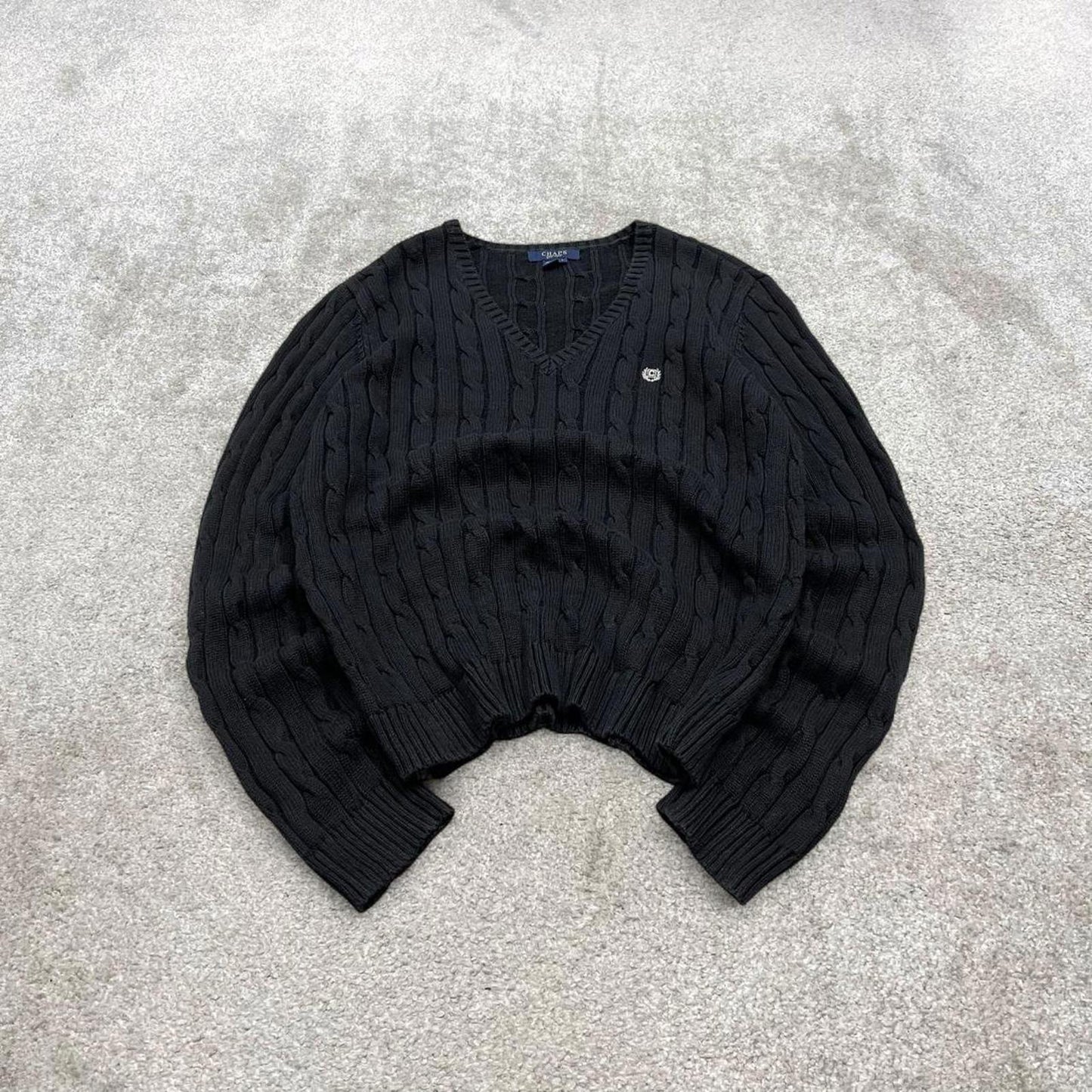 Y2K CHAPS cable knit sweater jumper black Embroidered logo v neck knitted pullover