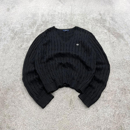 Y2K CHAPS cable knit sweater jumper black Embroidered logo v neck knitted pullover