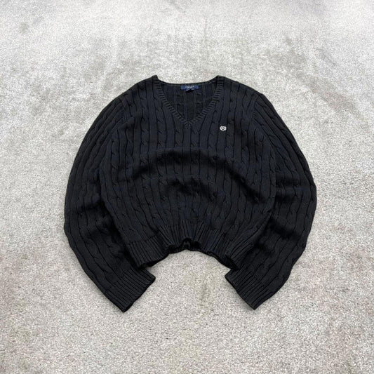 Y2K CHAPS cable knit sweater jumper black Embroidered logo v neck knitted pullover