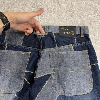 Vibes baggy patchwork jeans y2k blue colour block denim wide leg fit skater pants