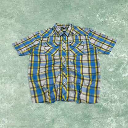 North Face checkered short sleeve shirt blue TNF Festival style surf check shirt