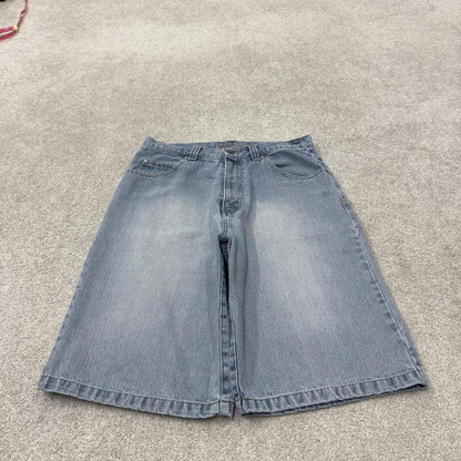 Denim Y2K embroidered shorts long leg blue Riflessi skater style brand surf jorts