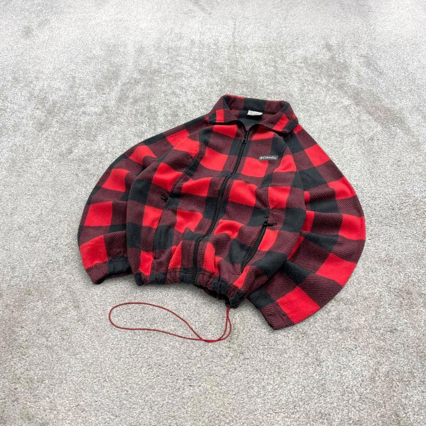 00s Columbia technical fleece S women's red check full zip up y2k style autumn adjustable waist