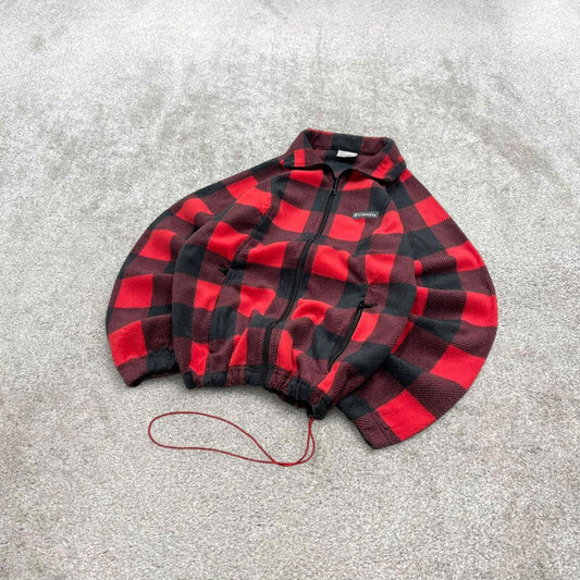 00s Columbia technical fleece S women's red check full zip up y2k style autumn adjustable waist