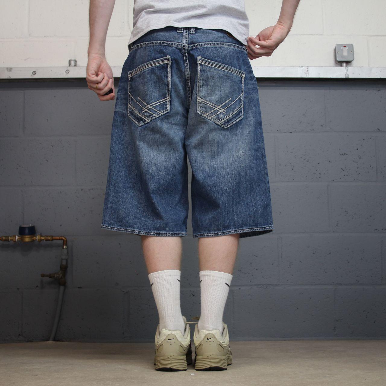 BKE baggy denim shorts y2k white stitch blue Surf summer style jorts perfect for festival