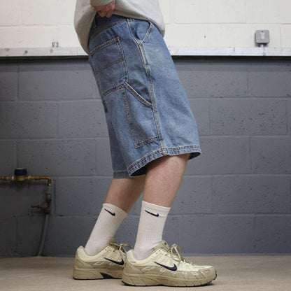Denim carpenter shorts cargo loose blue Workwear style surf festival jorts