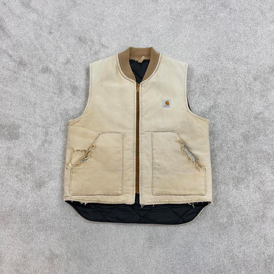 Vintage Carhartt Gilet Large beige distressed workwear body warmer vest padded canvas