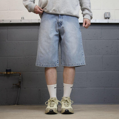 Denim Y2K embroidered shorts long leg blue Riflessi skater style brand surf jorts