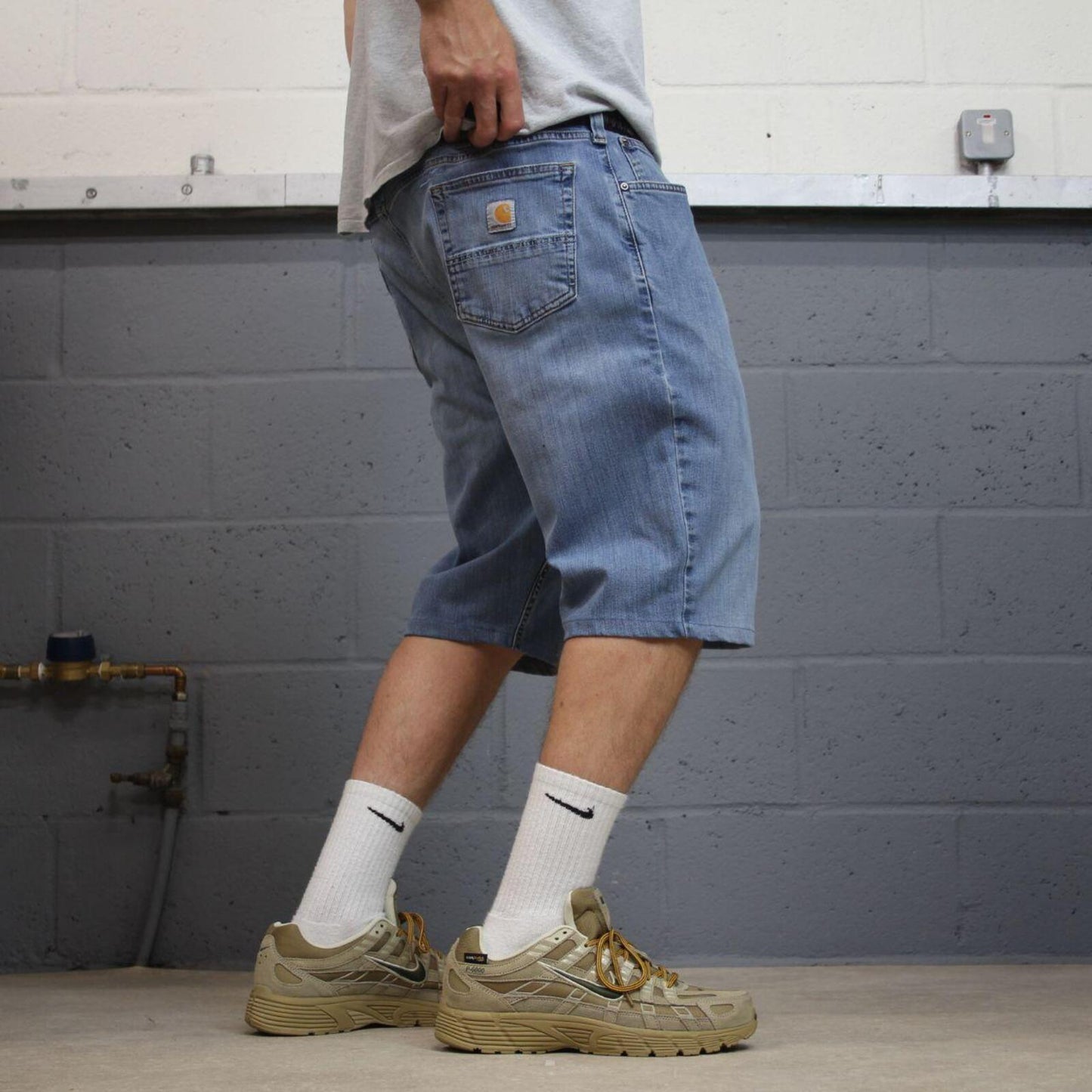 Carhartt denim shorts y2k faded blue Loose skater style work jorts