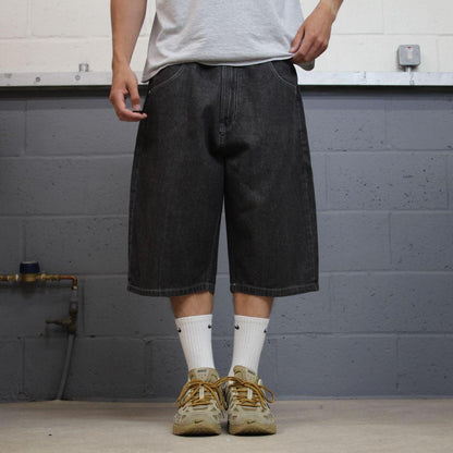 Mecca embroidered baggy denim shorts Y2K black Loose long leg skater style streetwear jorts
