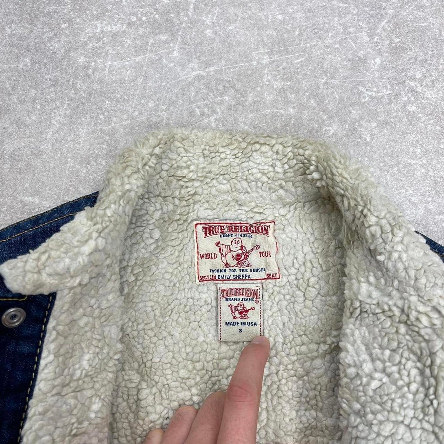 Y2k True Religion denim jacket Small Emily sherpa lined 00s cropped style coat stitch detailing