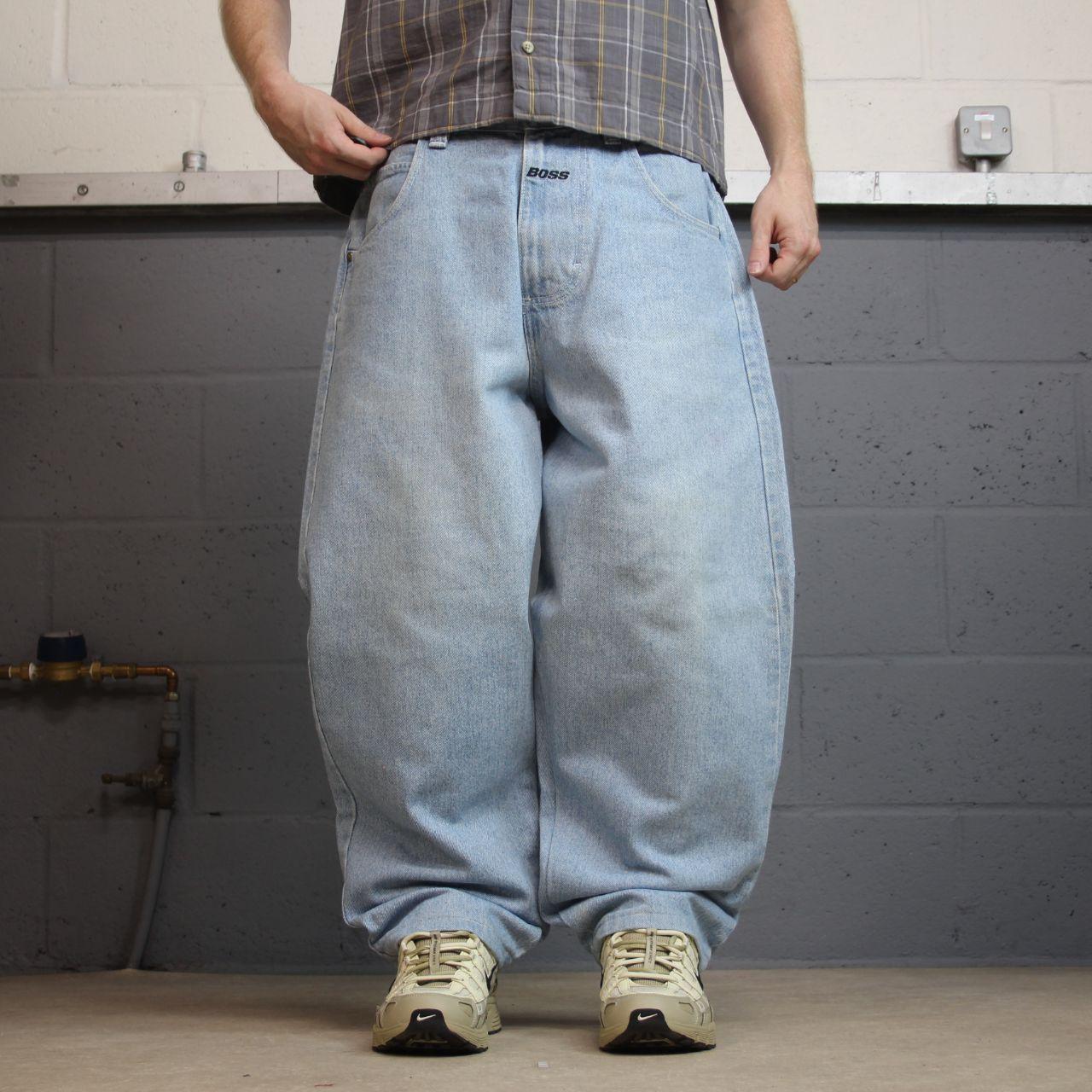 Vintage BOSS baggy jeans y2k W32L28 washed blue denim wide leg skater JNCO style deep pockets