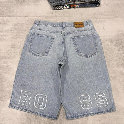 Baggy BOSS denim jorts W34 loose long denim embroidered 90s skater jorts