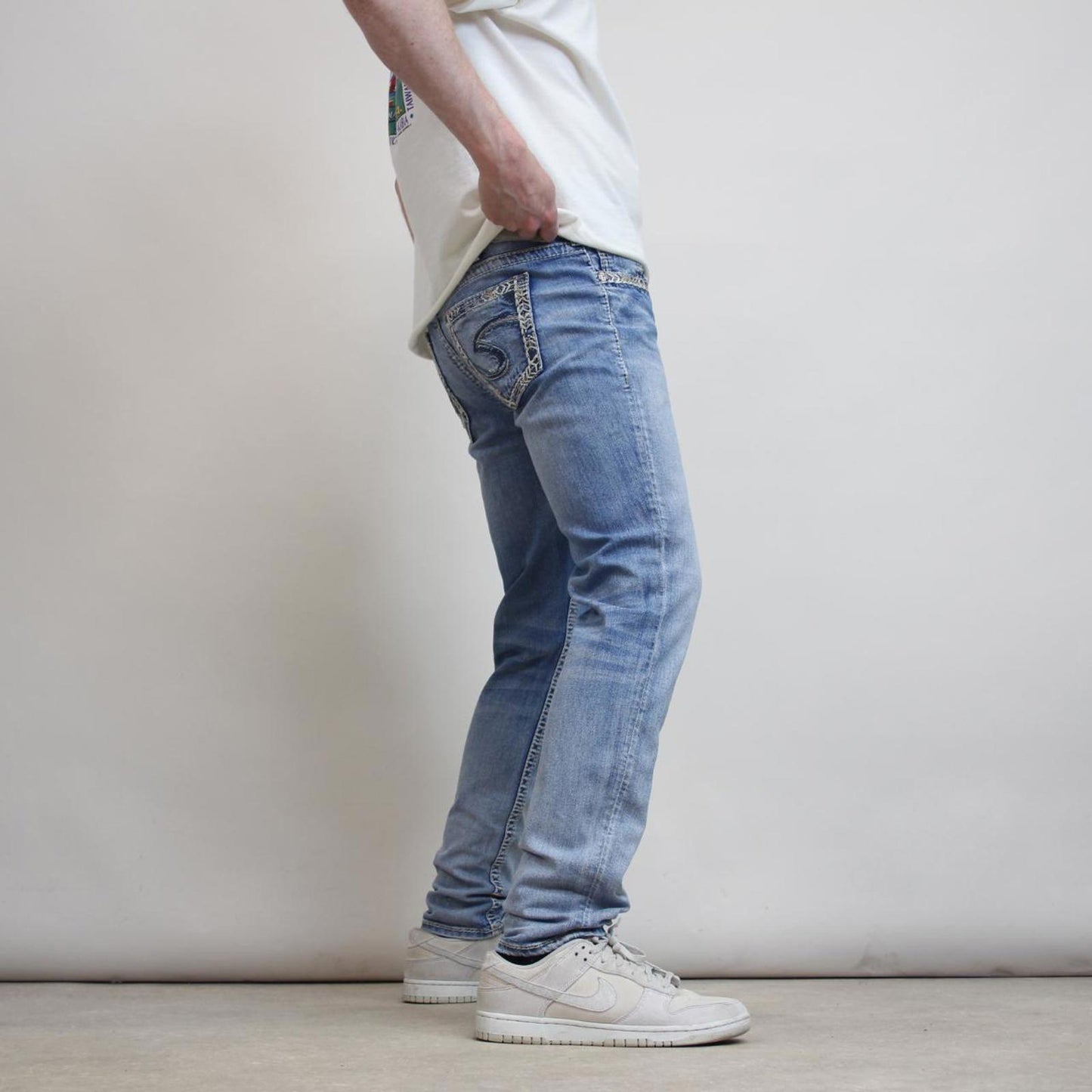 Silver embroidered denim jeans W32 L30 blue skinny y2k embroidered design