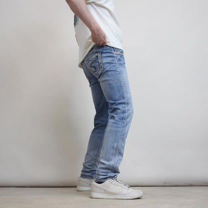 Silver embroidered denim jeans W32 L30 blue skinny y2k embroidered design