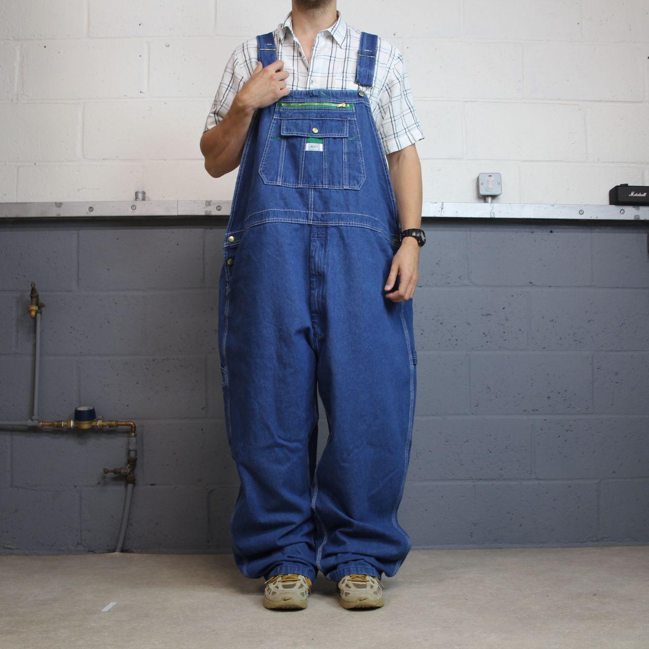 Vintage baggy liberty dungarees 00s denim overalls blue Patch logo and adjustable straps