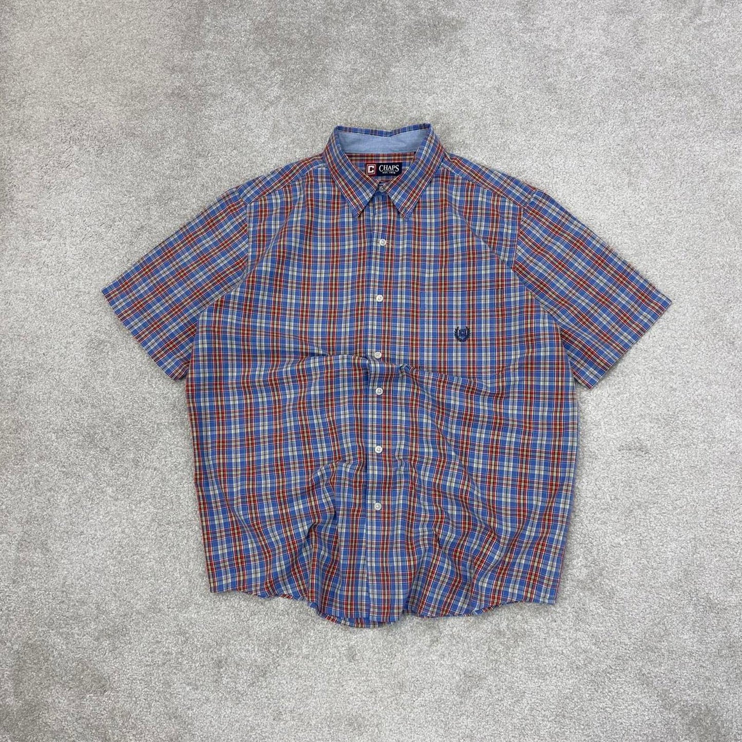 Blue Red checkered Chaps technical shirt L men's short sleeve button up autumn y2k style