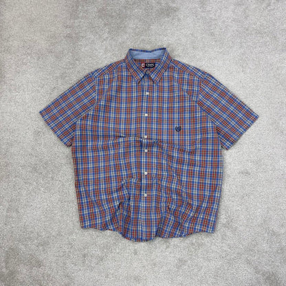 Blue Red checkered Chaps technical shirt L men's short sleeve button up autumn y2k style