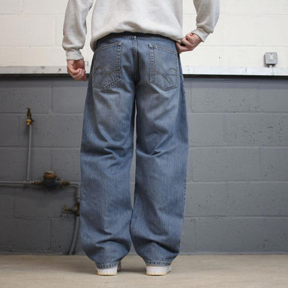 Vintage blue Paco jeans W36L32 loose baggy denim y2k style skater jeans waist patch stitch designs