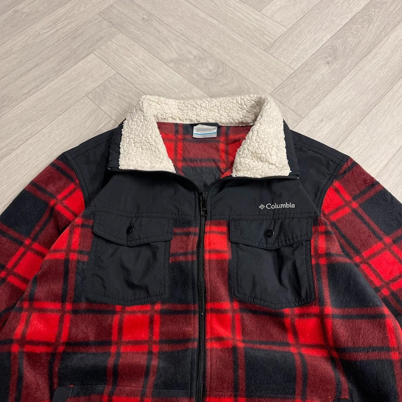 Y2K Columbia checkered fleece shirt red full zip mens large autumnal technical shirt