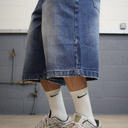 Y2k baggy denim shorts skater style blue Loose Brooklyn Xpress wide leg summer festival shorts