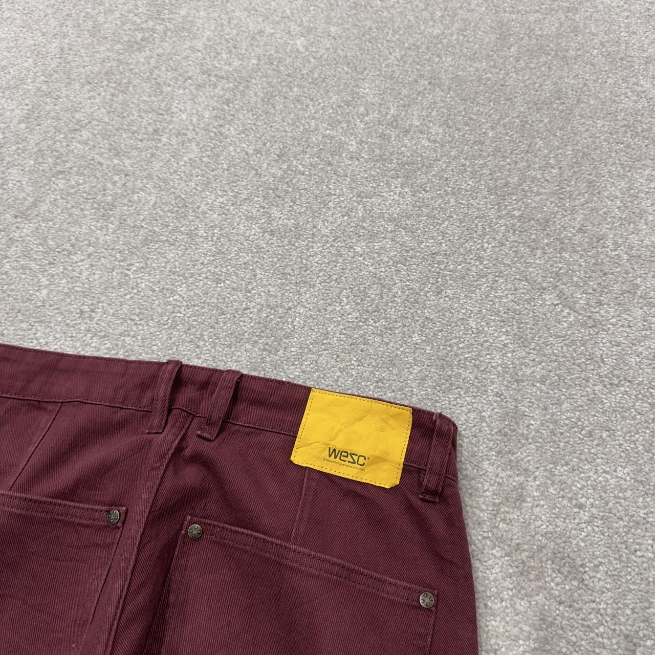 Y2K denim carpenter jeans wesc maroon straight leg skater style utility workwear trousers