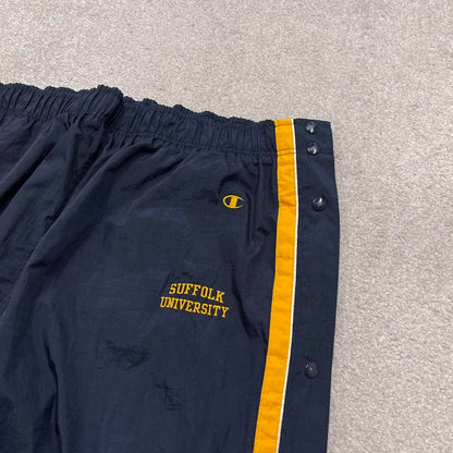 Y2k baggy Champion tracksuit bottoms navy Wide leg track pants embroidered logos popper legs
