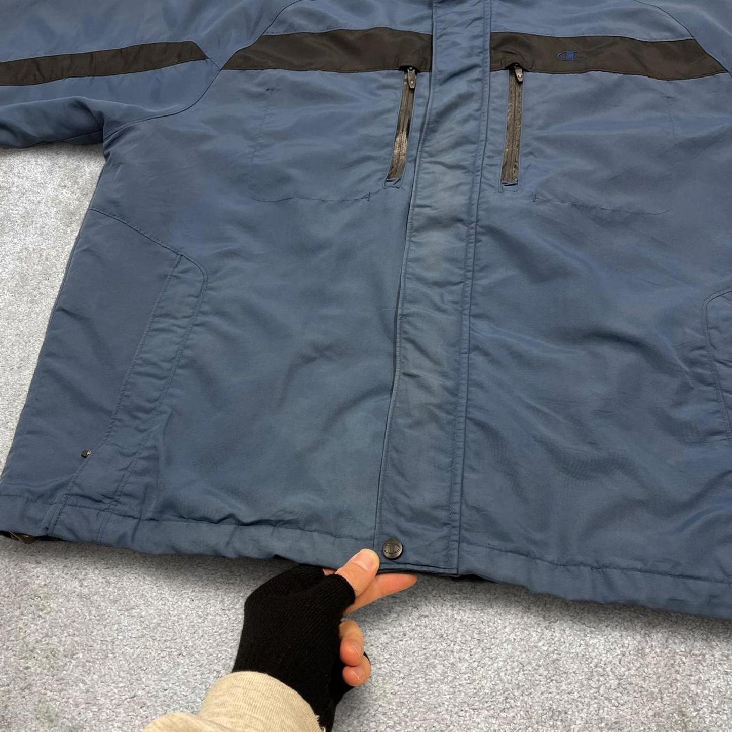Y2K Champion technical windbreaker jacket blue Zip pockets adjustable waist embroidered hooded coat