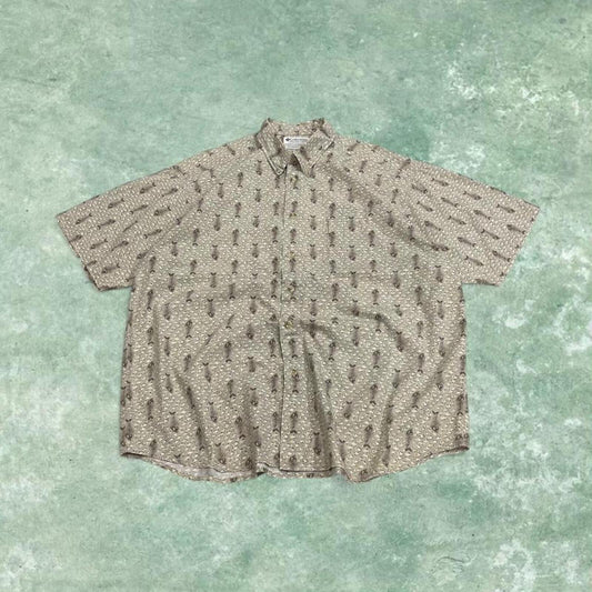 Columbia funky pattern short sleeve shirt khaki Boxy fit floaty festival button down shirt