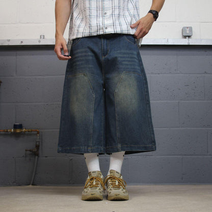 Baggy Y2K denim shorts long leg blue Wide leg skater style brand surf jorts