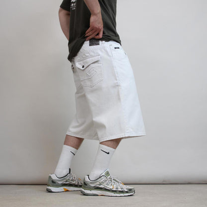 Baggy Enyce denim shorts W38 long wide leg skater style pocket flaps embroidered design