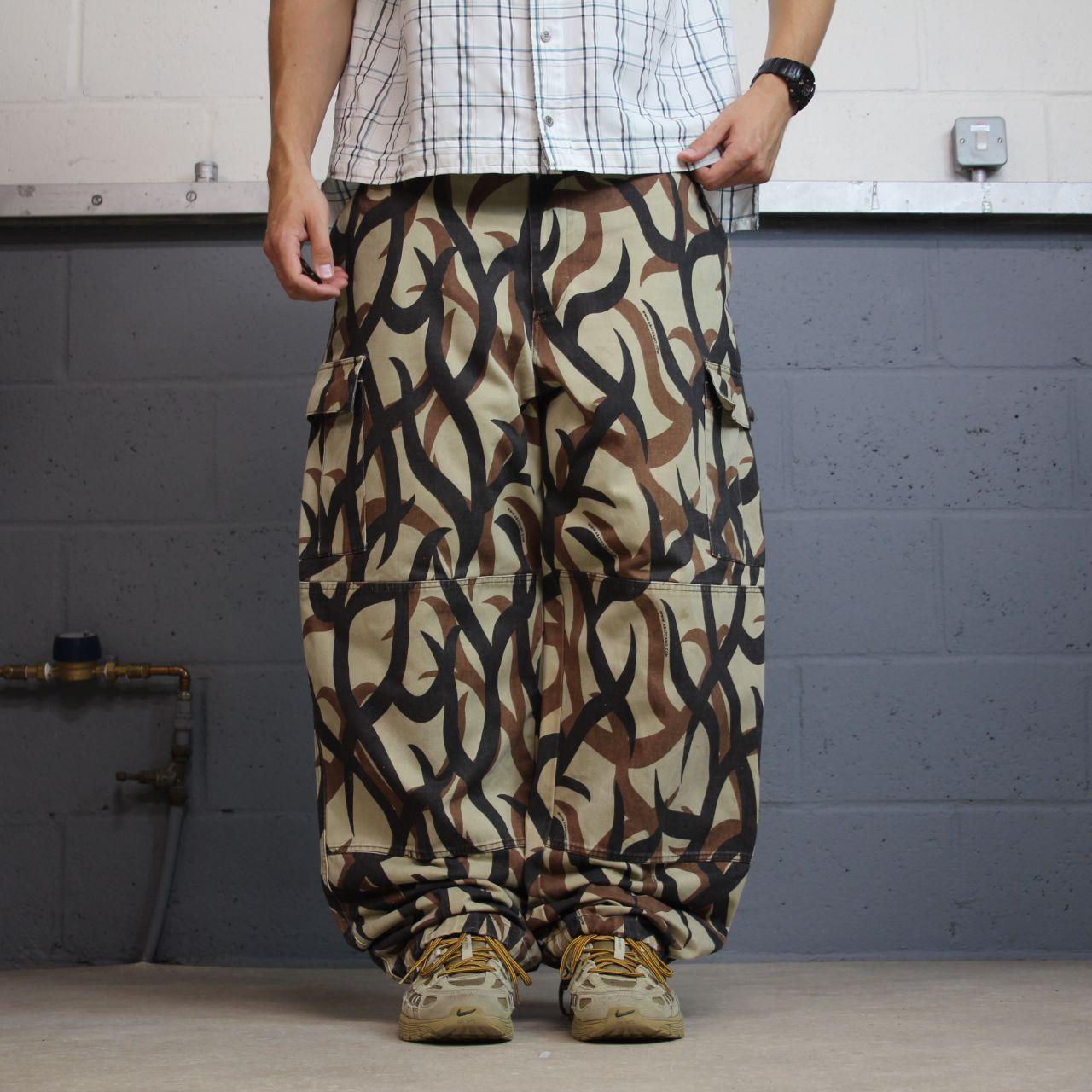ASAT baggy camo cargo pants XXL brown Wide leg tribal camouflage pattern double knees adjustable