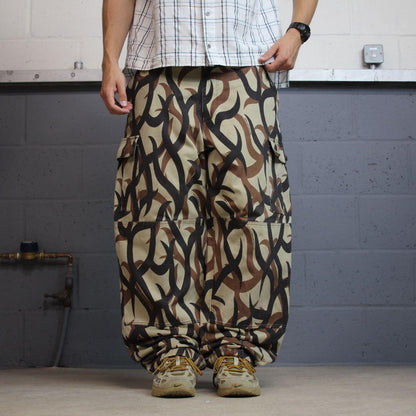 ASAT baggy camo cargo pants XXL brown Wide leg tribal camouflage pattern double knees adjustable