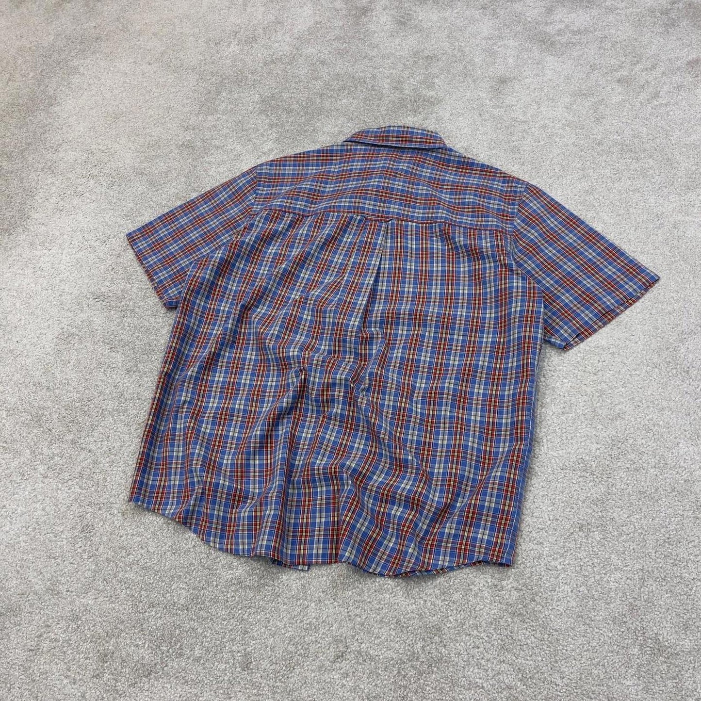 Blue Red checkered Chaps technical shirt L men's short sleeve button up autumn y2k style