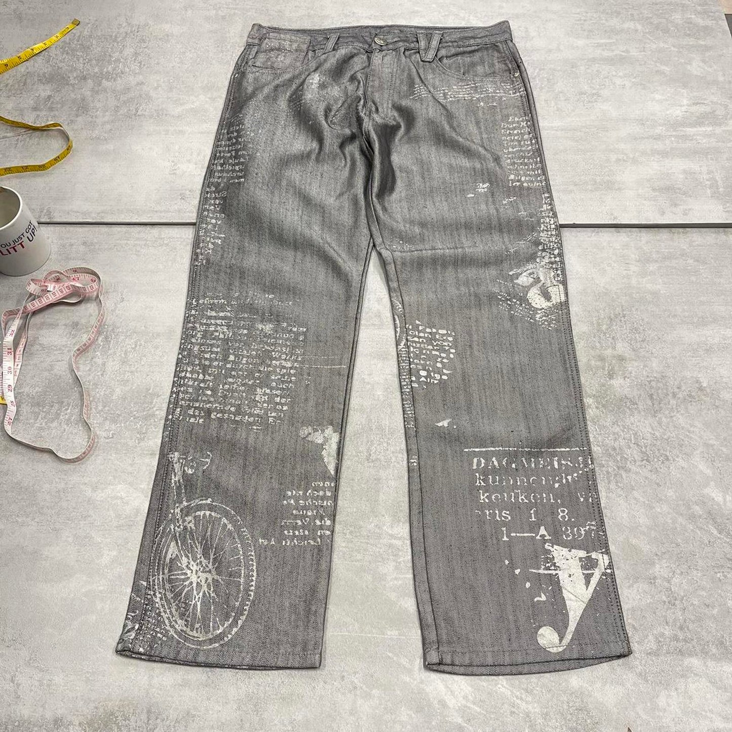 Silver Muka Wear jeans W34 straight fit denim hip hop Y2K print design jeans