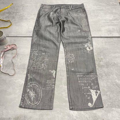 Silver Muka Wear jeans W34 straight fit denim hip hop Y2K print design jeans