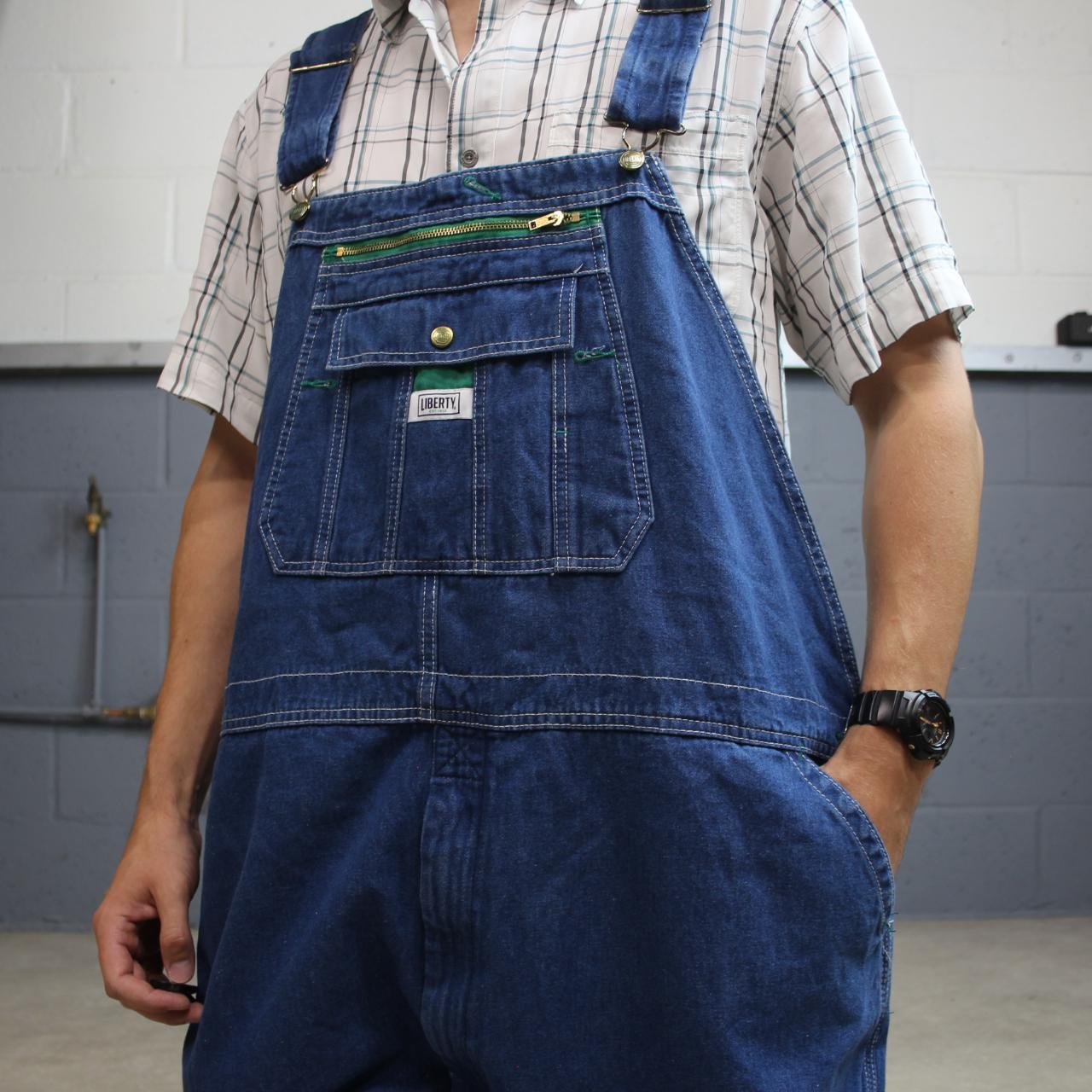 Vintage baggy liberty dungarees 00s denim overalls blue Patch logo and adjustable straps