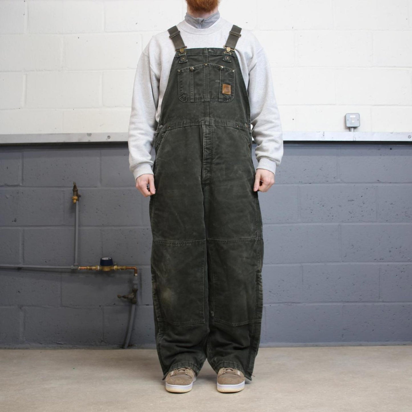 Vintage y2k baggy Carhartt dungarees wide leg green Canvas quilted bib & brace overalls workwear