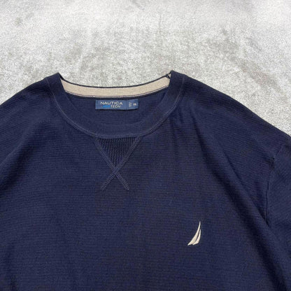 Y2K Nautica round neck knit sweater jumper navy Embroidered logo knitted pullover