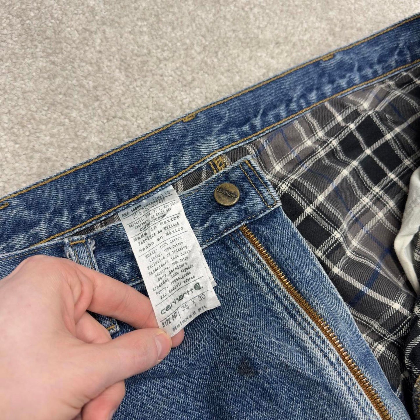 Vintage baggy Y2K Carhartt denim jeans blue Loose relaxed fit flannel lined skate style work pants