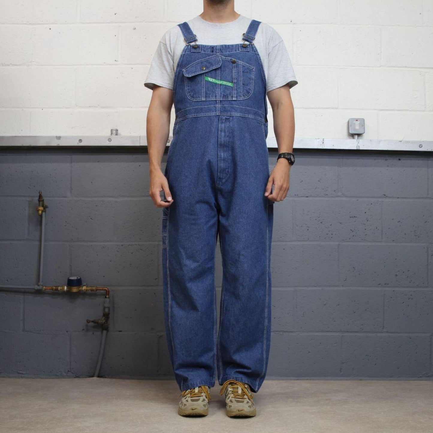 Vintage y2k denim dungarees loose leg blue Key workwear bib & brace overalls utility